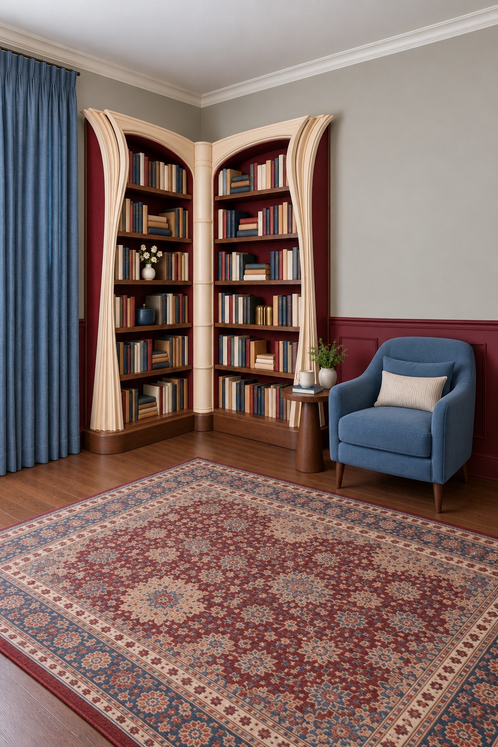 Corner bookcase shaped like an open book with pale curved page edges, burgundy backing and a blue armchair