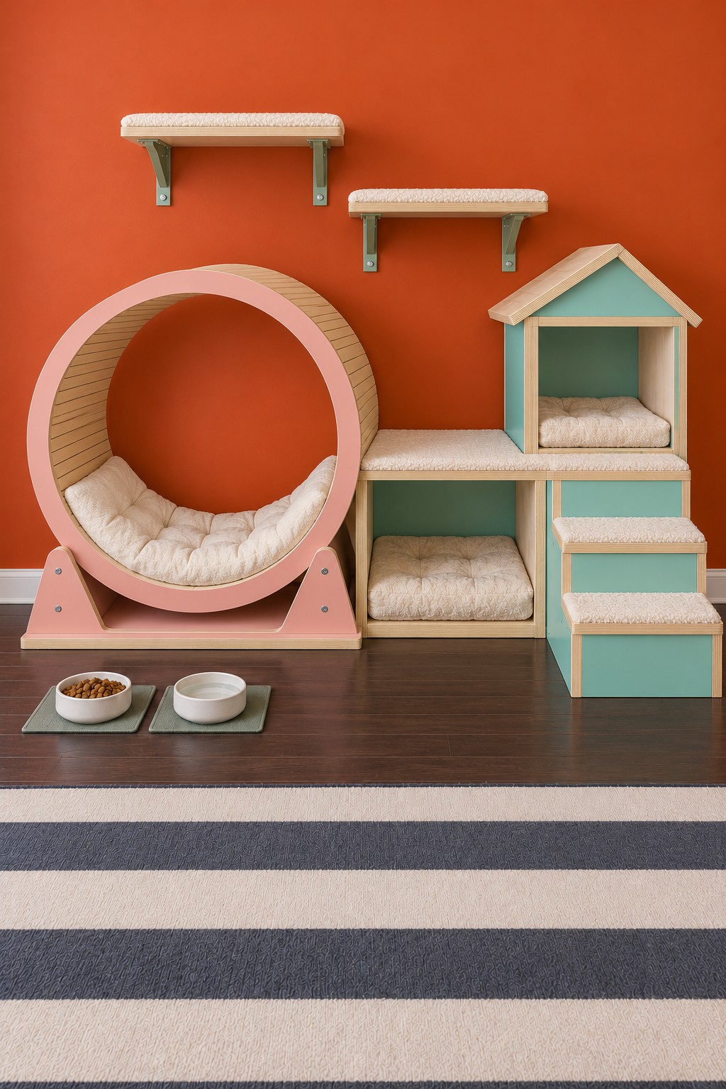 Stationary pink circular cat bed beside mint cubbies, a small house, steps, and two wall shelves