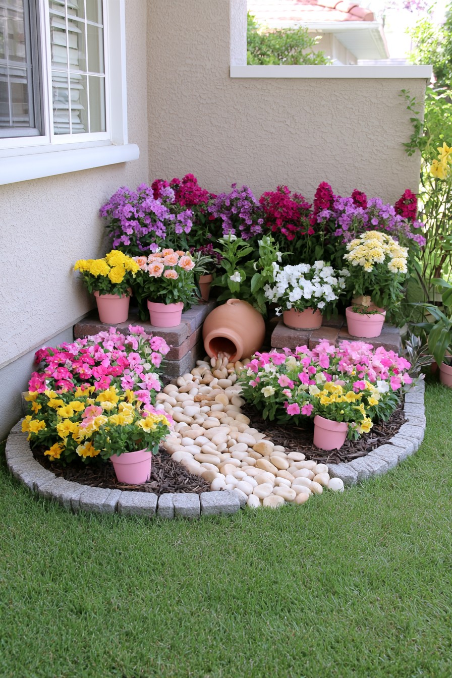 Tipped terracotta pot feeding a decorative pebble stream between groups of potted flowers