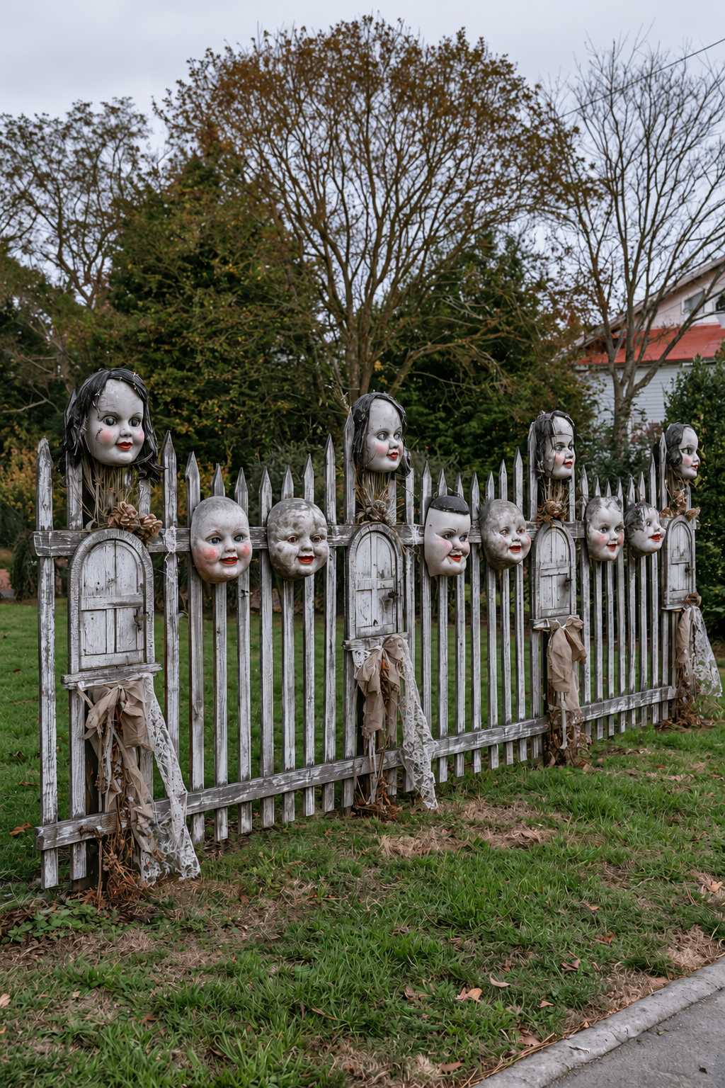 Picket fence with pale doll-head props, miniature arched doors and faded fabric accents