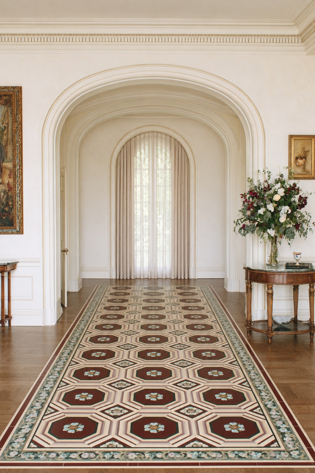 Burgundy octagons with small pale blue floral centers and cream outlines forming a long hallway runner