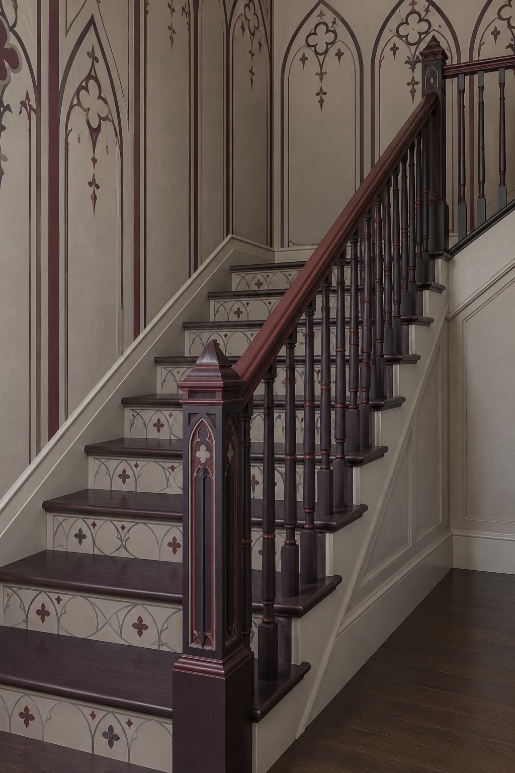 Dark plum staircase with pale risers and walls decorated with pointed Gothic arch outlines