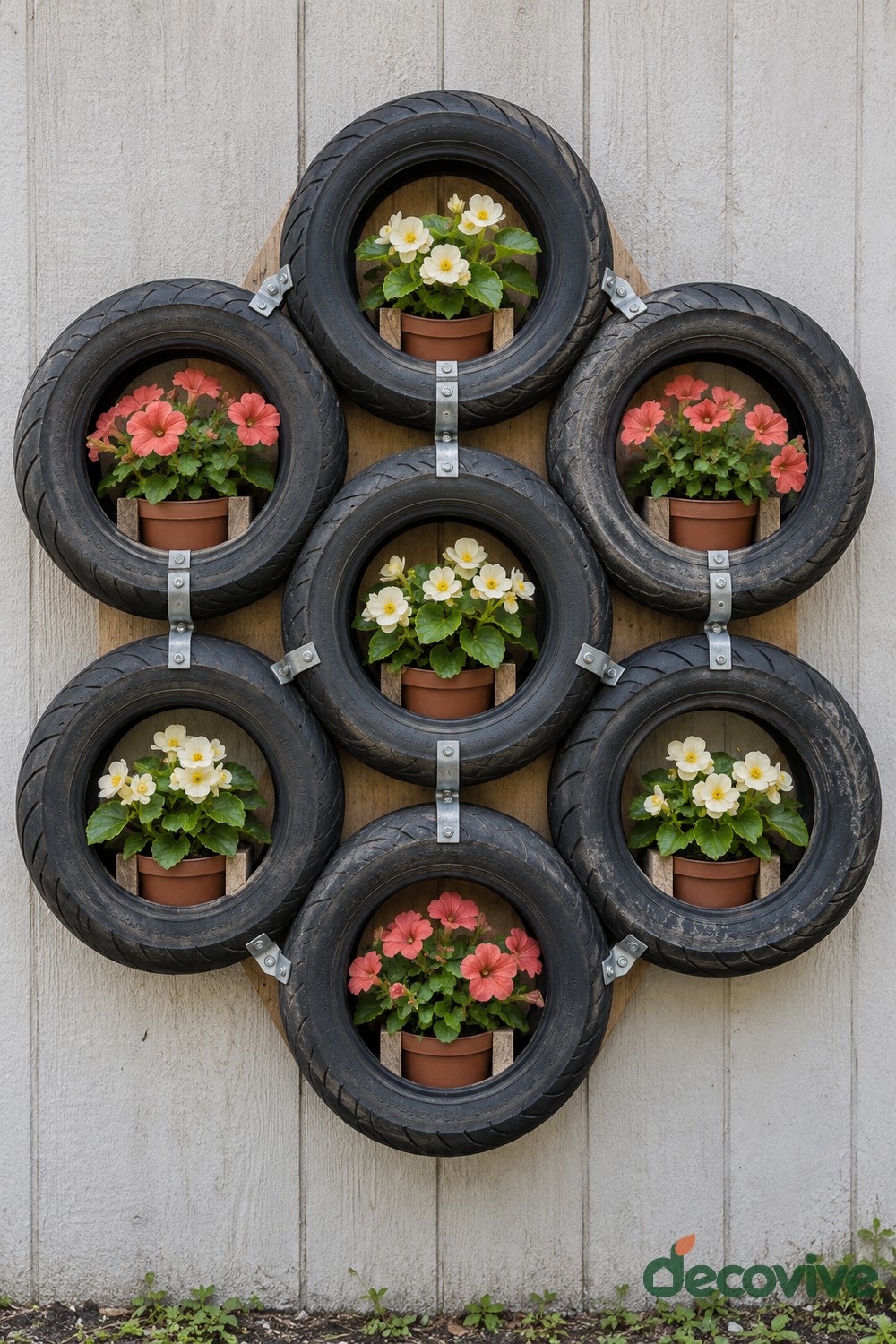 Seven small black tires arranged in a tall cluster on a wooden backing with separate pots of cream and coral flowers