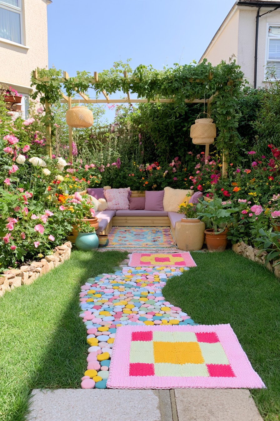 Flower-filled bohemian garden nook with a colorful pebble path
