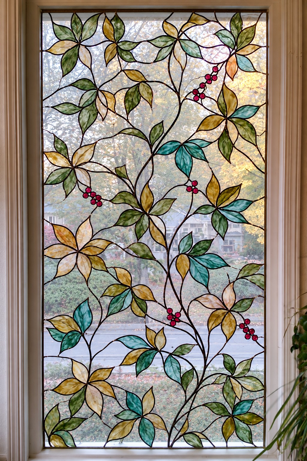 Decorative window with winding branches, green and amber leaves, and small red berry clusters