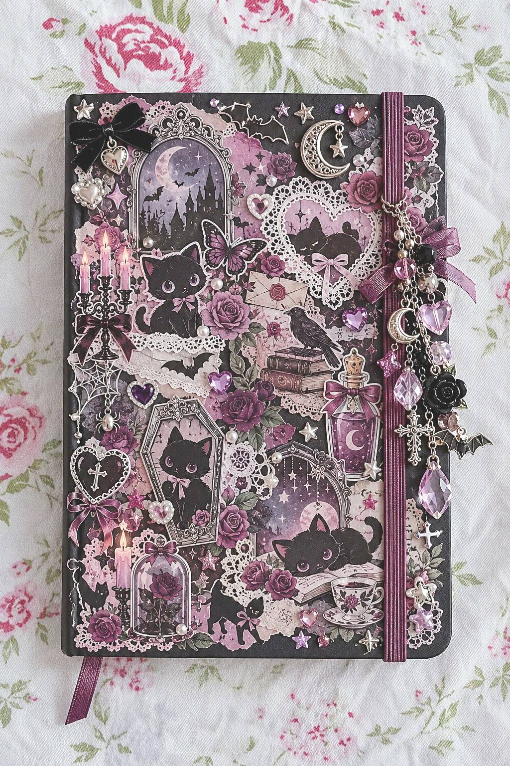 Black and pink gothic sketchbook cover with cat motifs, moons, lace, and dangling charms