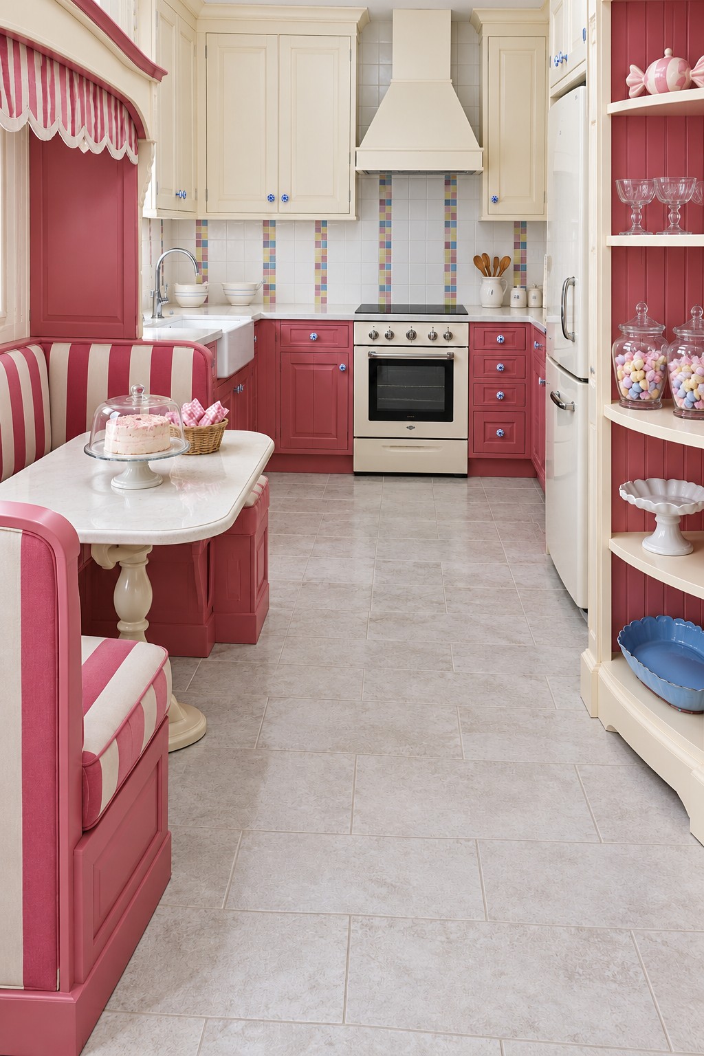 Raspberry pink kitchen booth with cream striped upholstery, a small pedestal table, cream cupboards, and a pink display cabinet