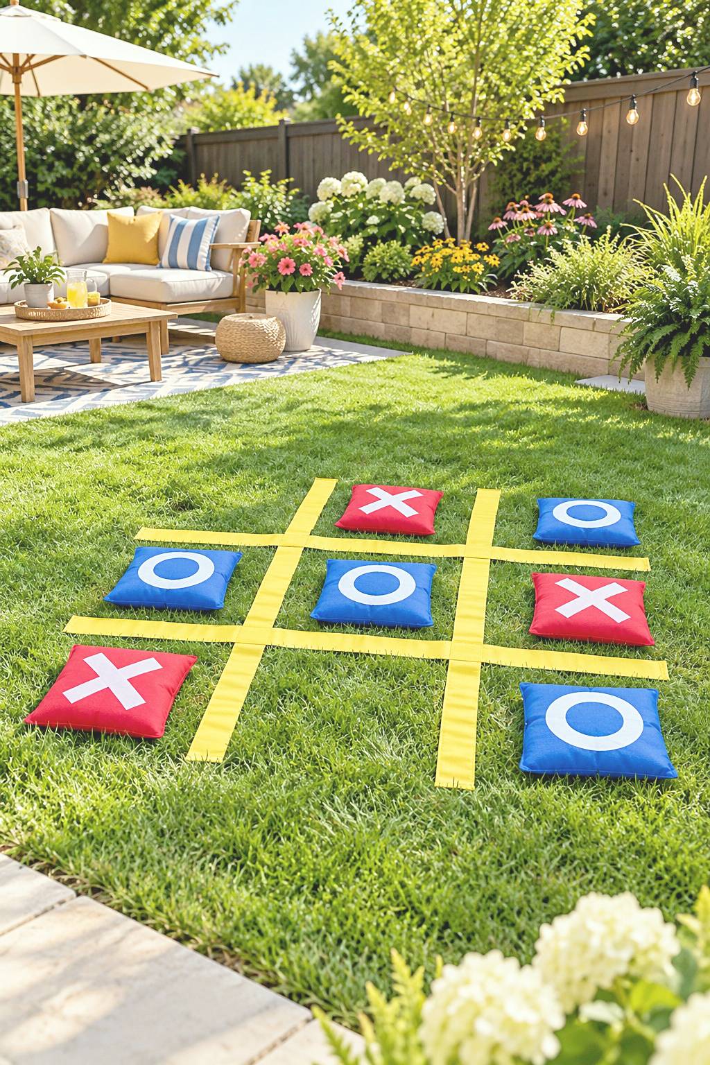Yellow lawn grid with red X and blue O padded markers