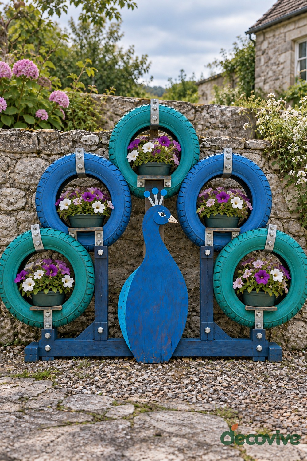 Peacock garden display with five blue and turquoise tire rings holding flowerpots around a flat blue wooden peacock body on a timber frame