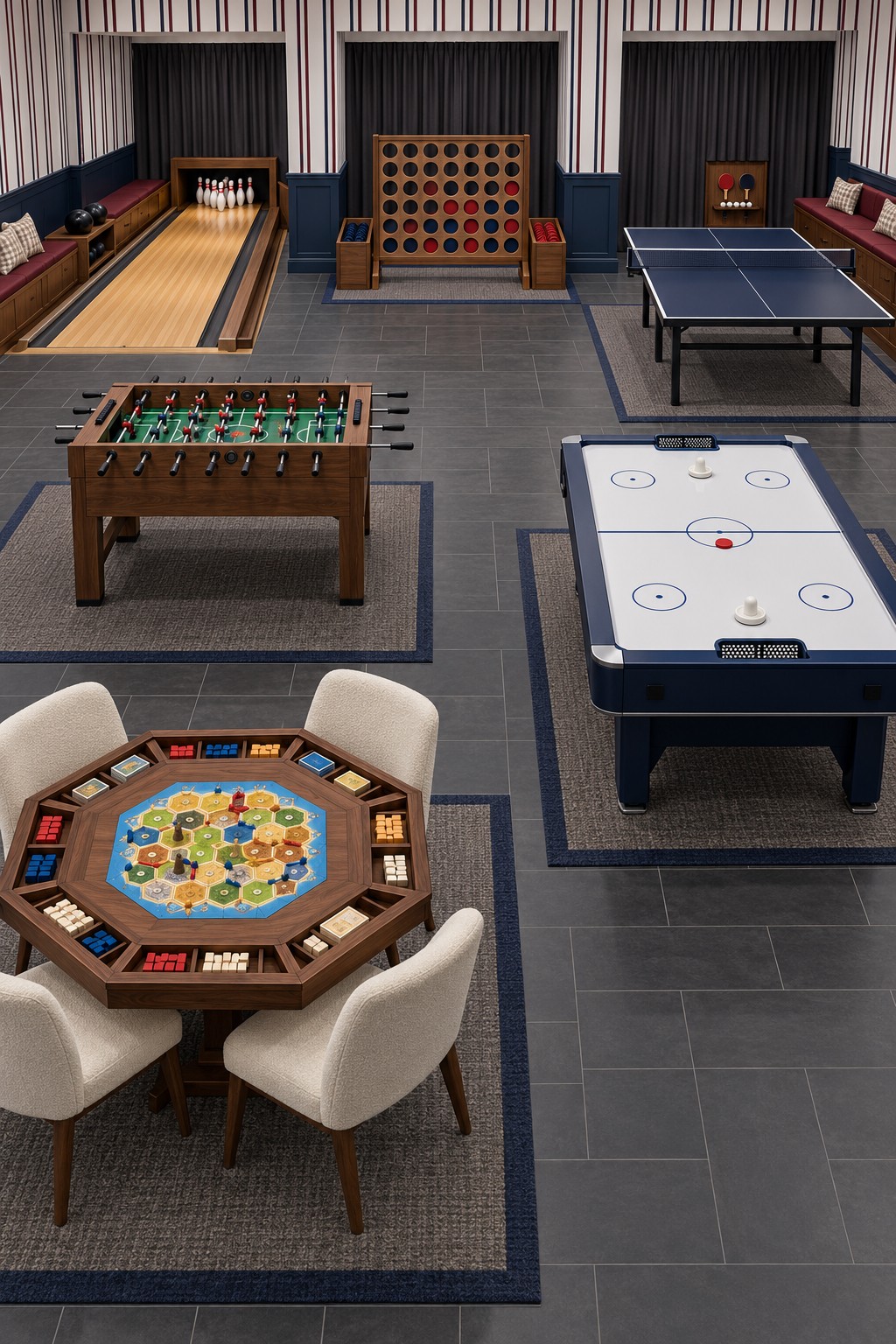 Basement with a compact bowling lane, giant four in a row game, table tennis, foosball, air hockey, and a board game table