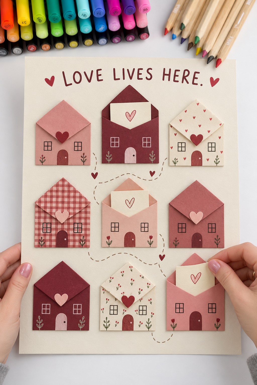 Love Lives Here poster with nine envelope houses in cream pink burgundy and gingham and small notes tucked inside