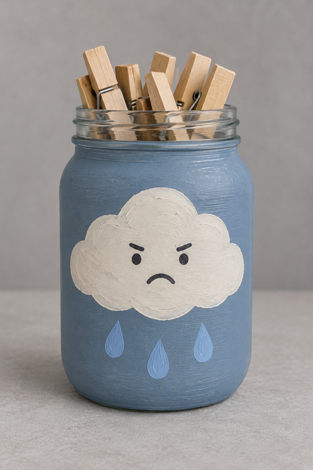 Dusty blue jar with a cream frowning cloud and blue raindrops holding wooden clothespins