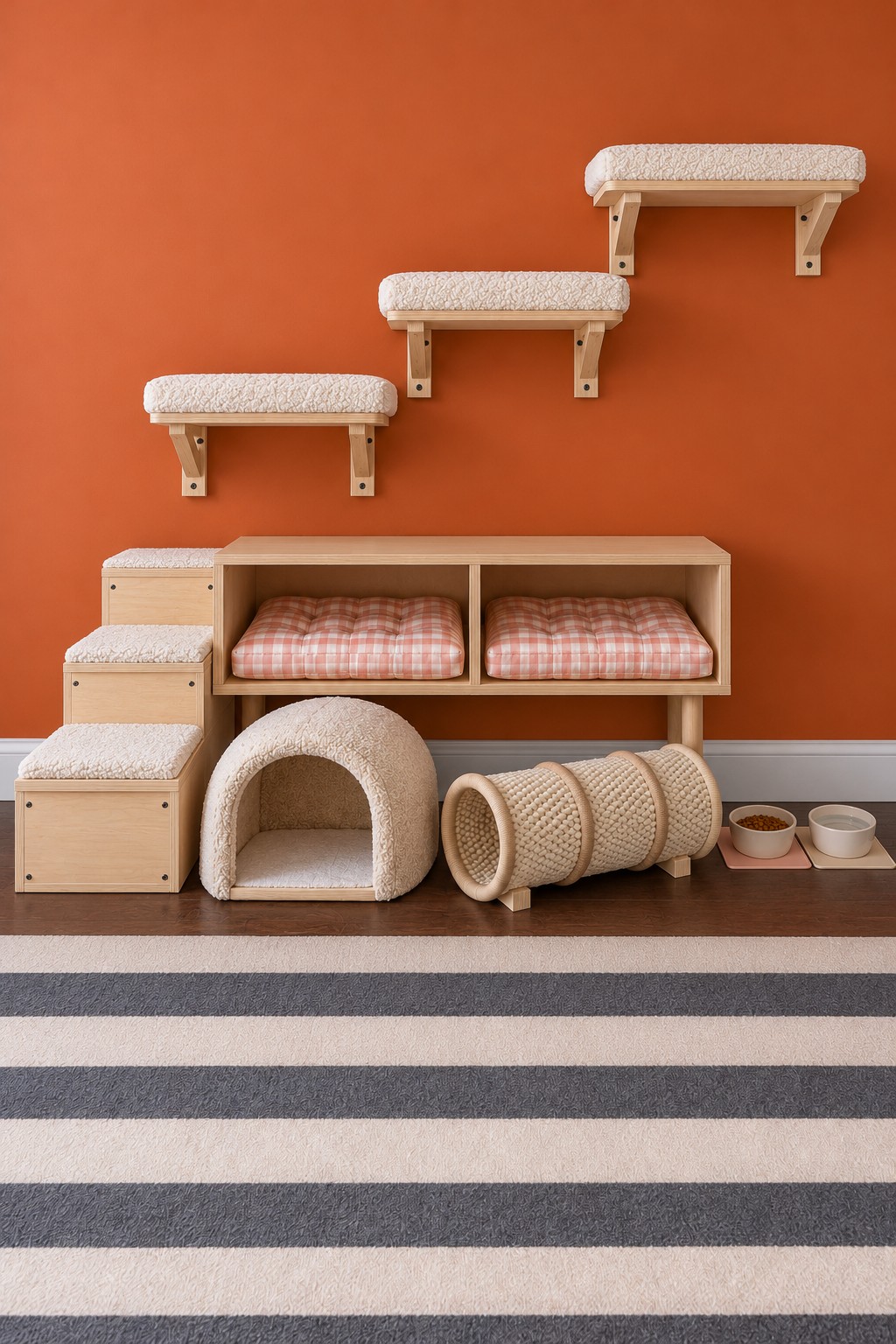 Pink gingham cat bench with left steps, three wooden wall shelves, a soft cave, and a woven tunnel
