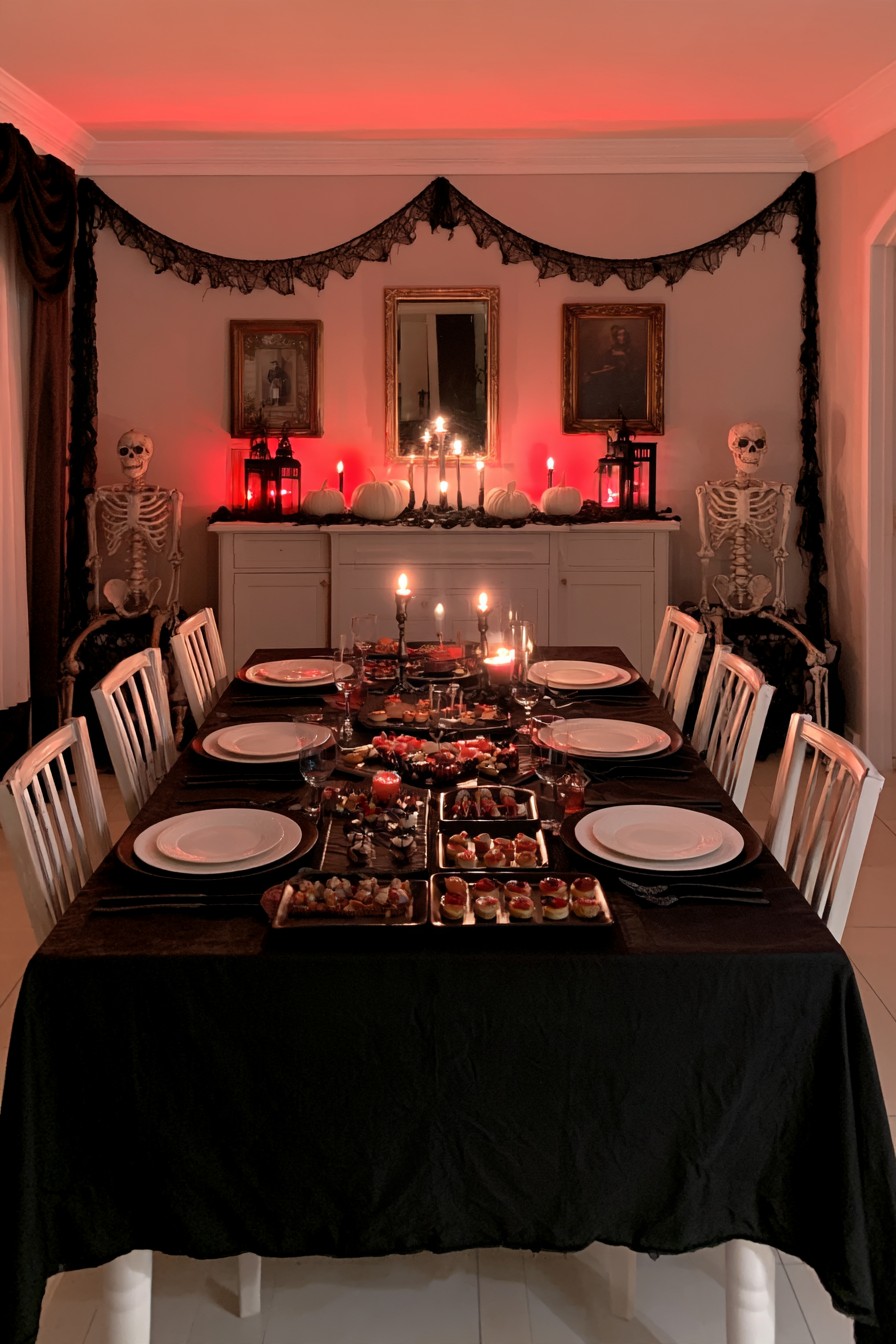 Two decorative skeletons beside a white buffet with black lanterns and white pumpkins
