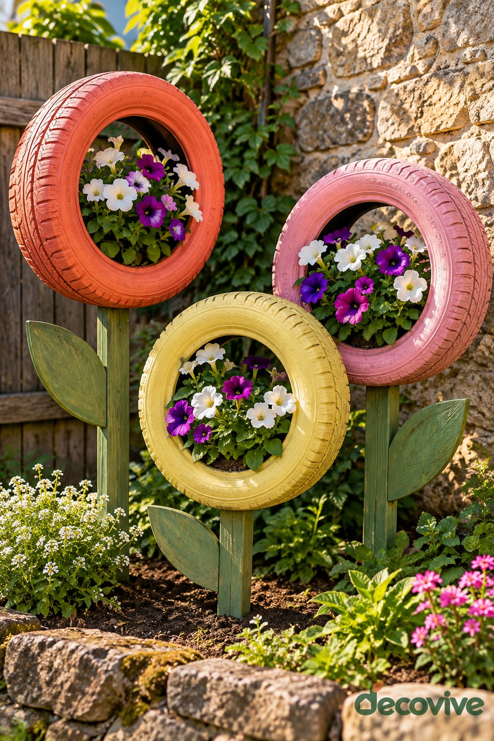 Three upright tires painted coral, pink, and yellow with petunias inside and green wooden stems and leaves