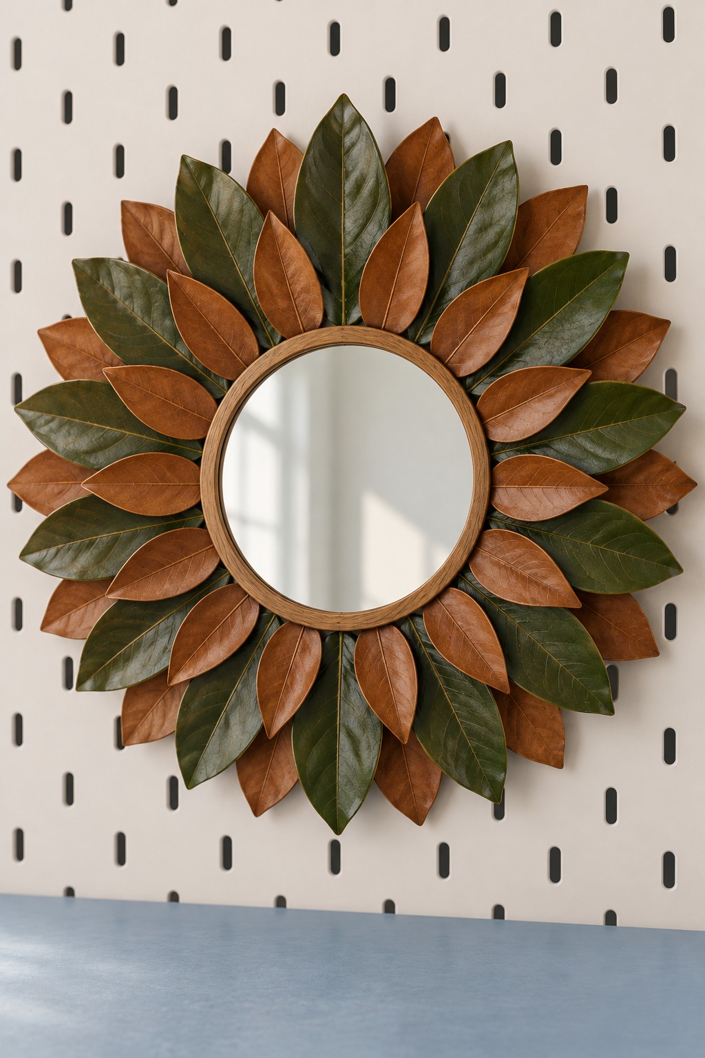 Round mirror surrounded by alternating green and copper brown leaves in a sunburst arrangement