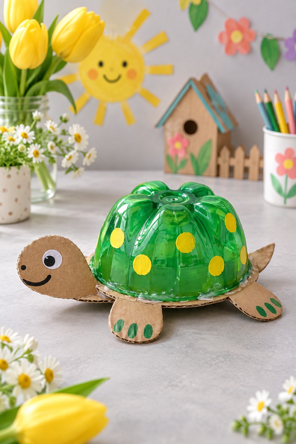 Turtle with a green spotted plastic bottle base shell and cardboard head, feet, and tail