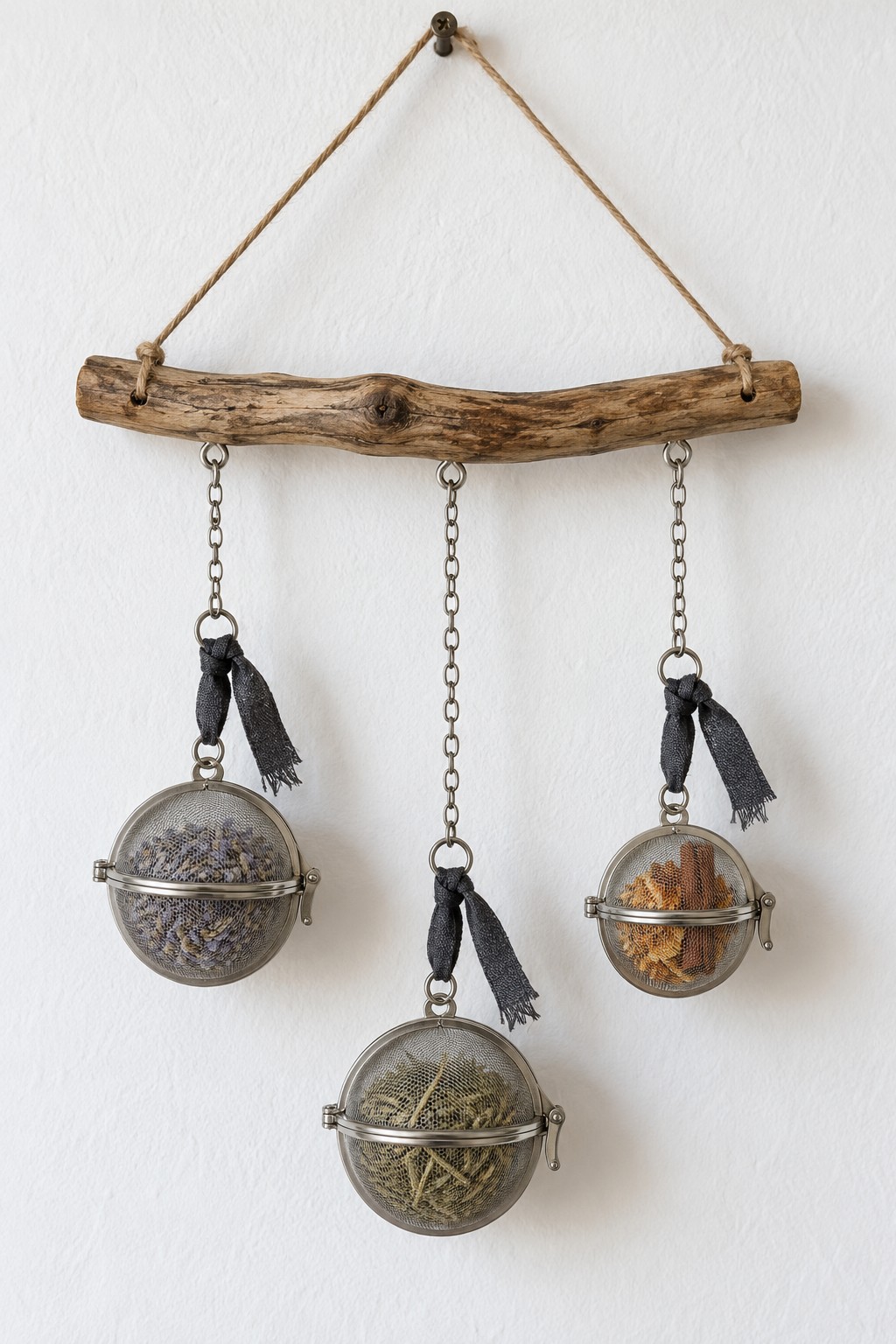 Three metal mesh tea infusers filled with lavender, rosemary and dried orange, hanging from a branch on chains with black fabric ties