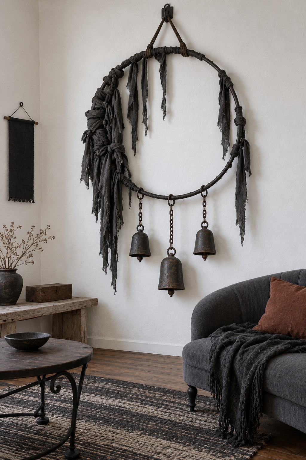 Large dark hoop with charcoal rag strips concentrated on one side and three metal bells on chains underneath