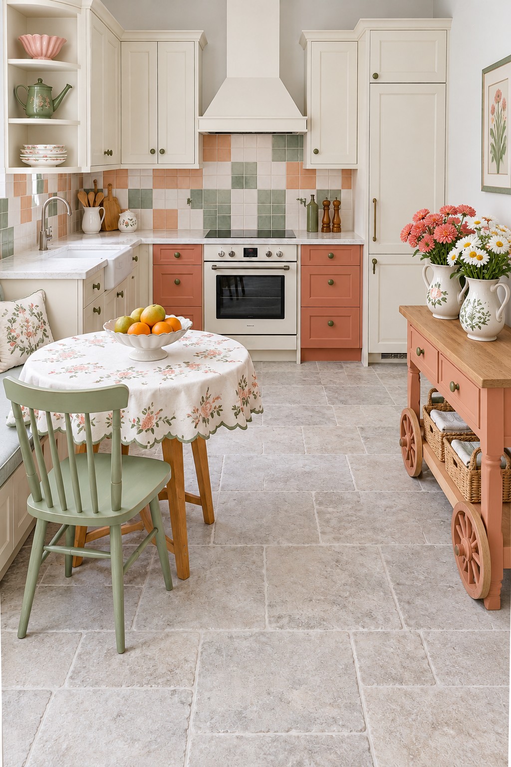 Cream country kitchen with peach drawers, a peach and sage patchwork backsplash, a floral breakfast table, and a wagon style serving cabinet