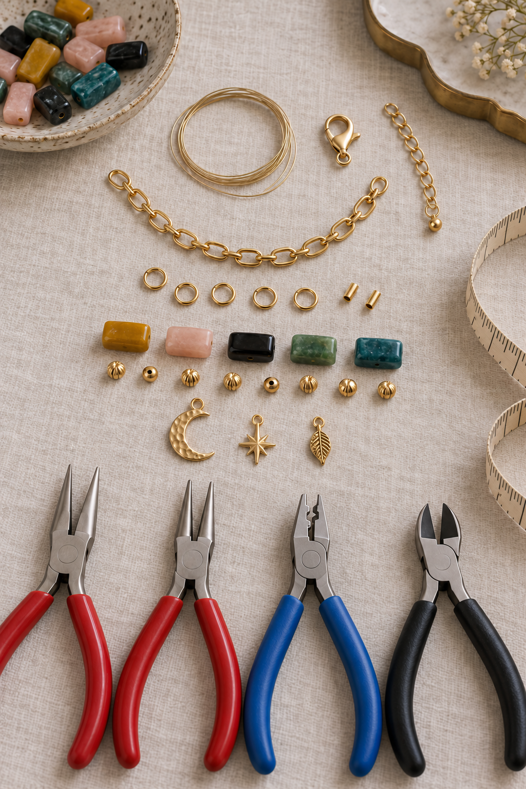 Charm bracelet supplies with beads, chain, wire, crimp tubes, clasp and jewelry pliers