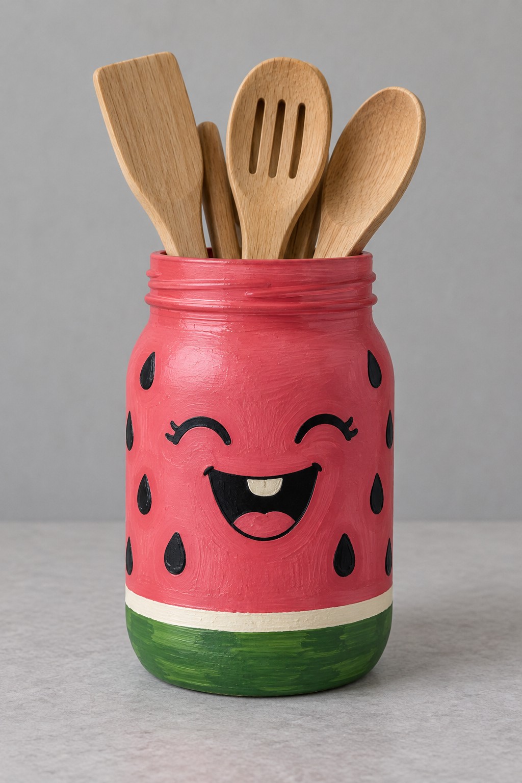 Pink red watermelon jar with black painted seeds a laughing face and green lower bands holding wooden utensils