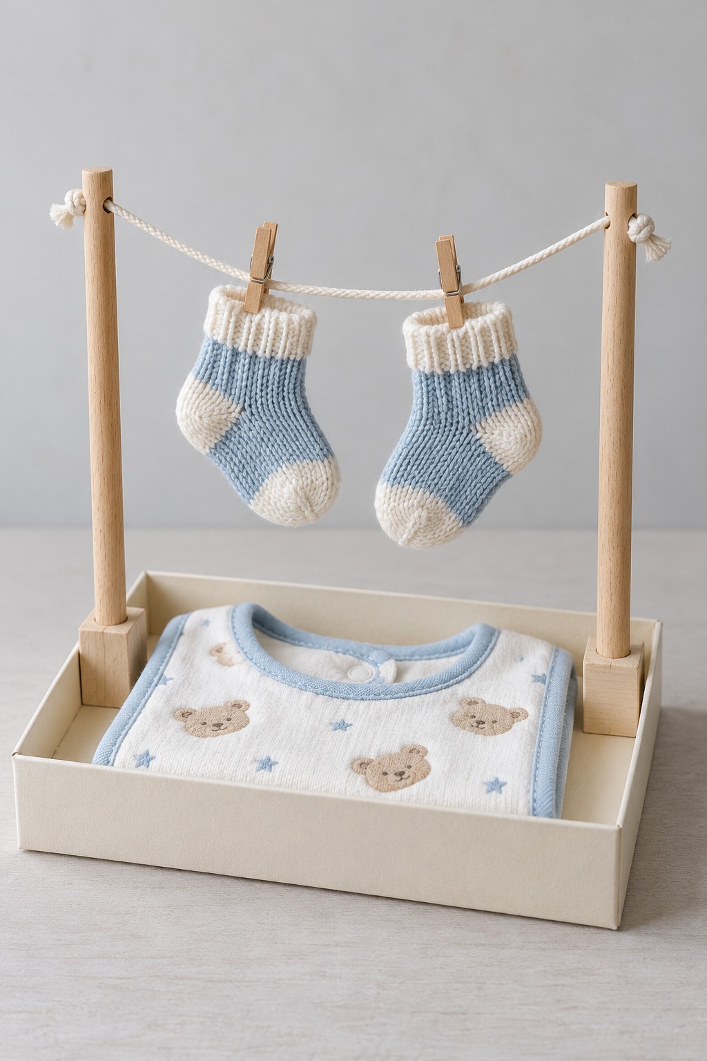 Cream baby clothes tray with two wooden posts and a cord holding two blue and cream socks above a folded garment