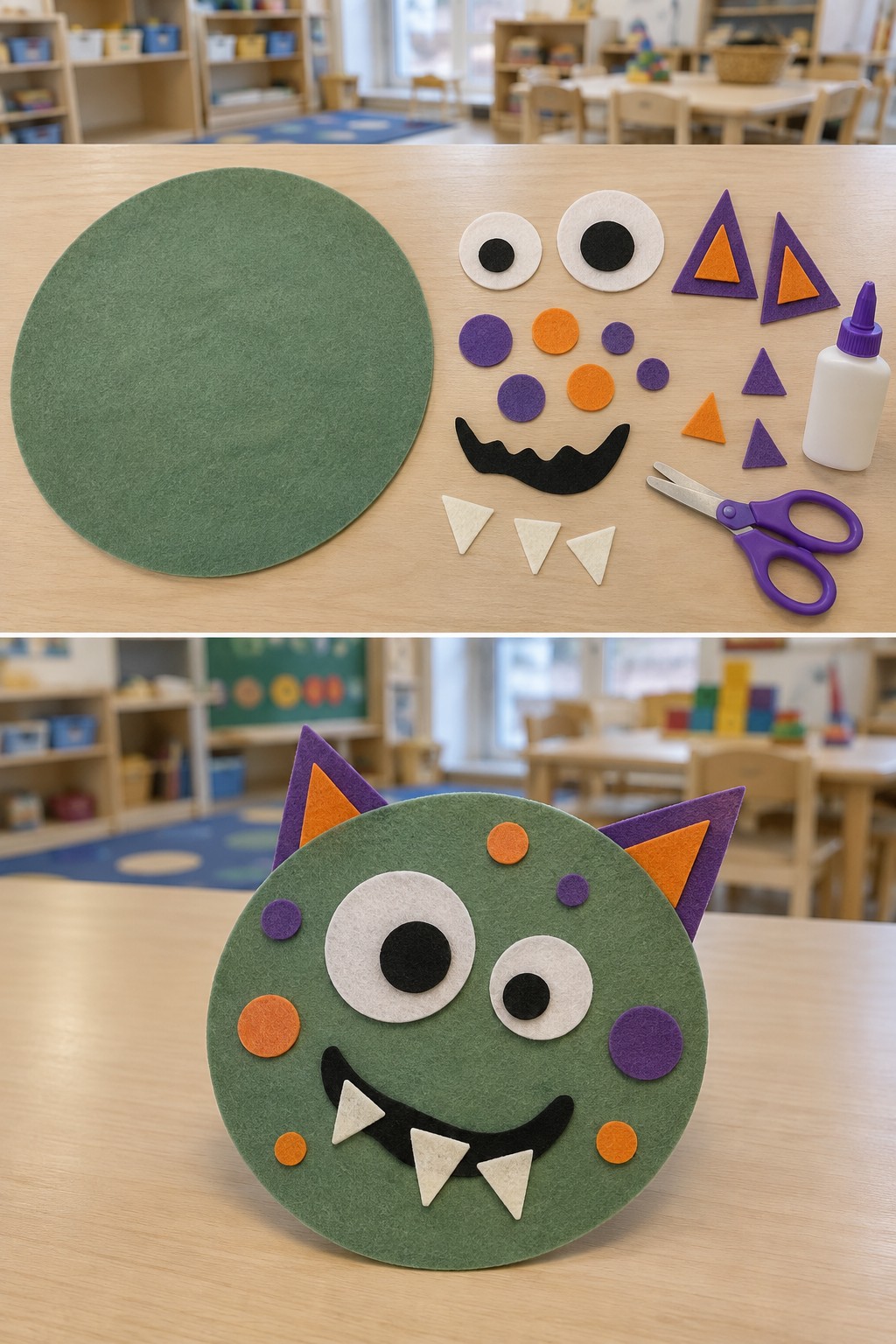 Green felt circle and colored shapes above a felt monster with mismatched eyes and pointed ears
