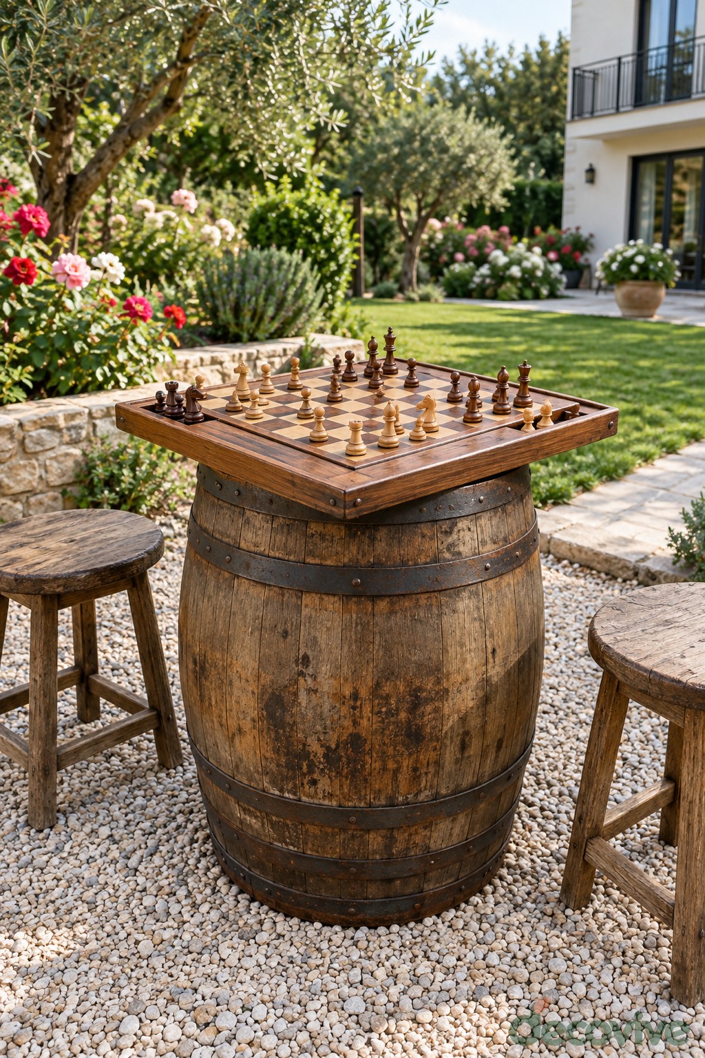 An Outdoor Chess Table with a Barrel Pedestal