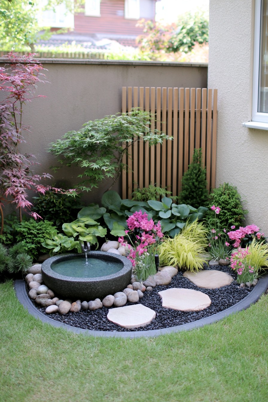 Round bubbling water basin among broad leaves, small trees, and pale stepping stones
