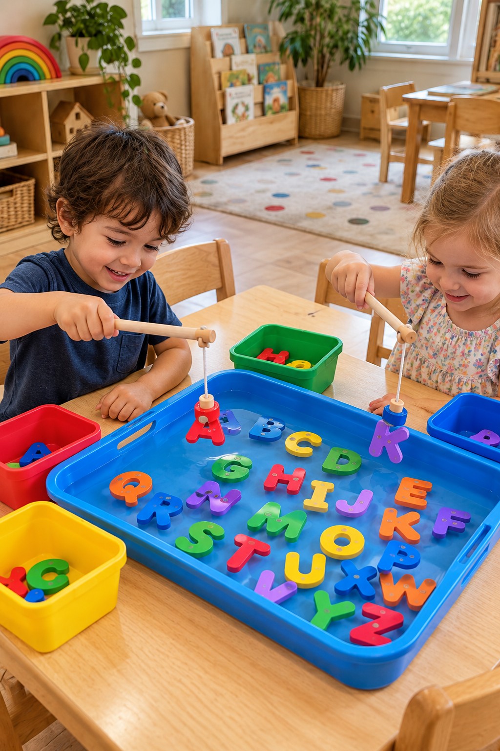 Children catching letter pieces from a shallow tray with magnetic rods