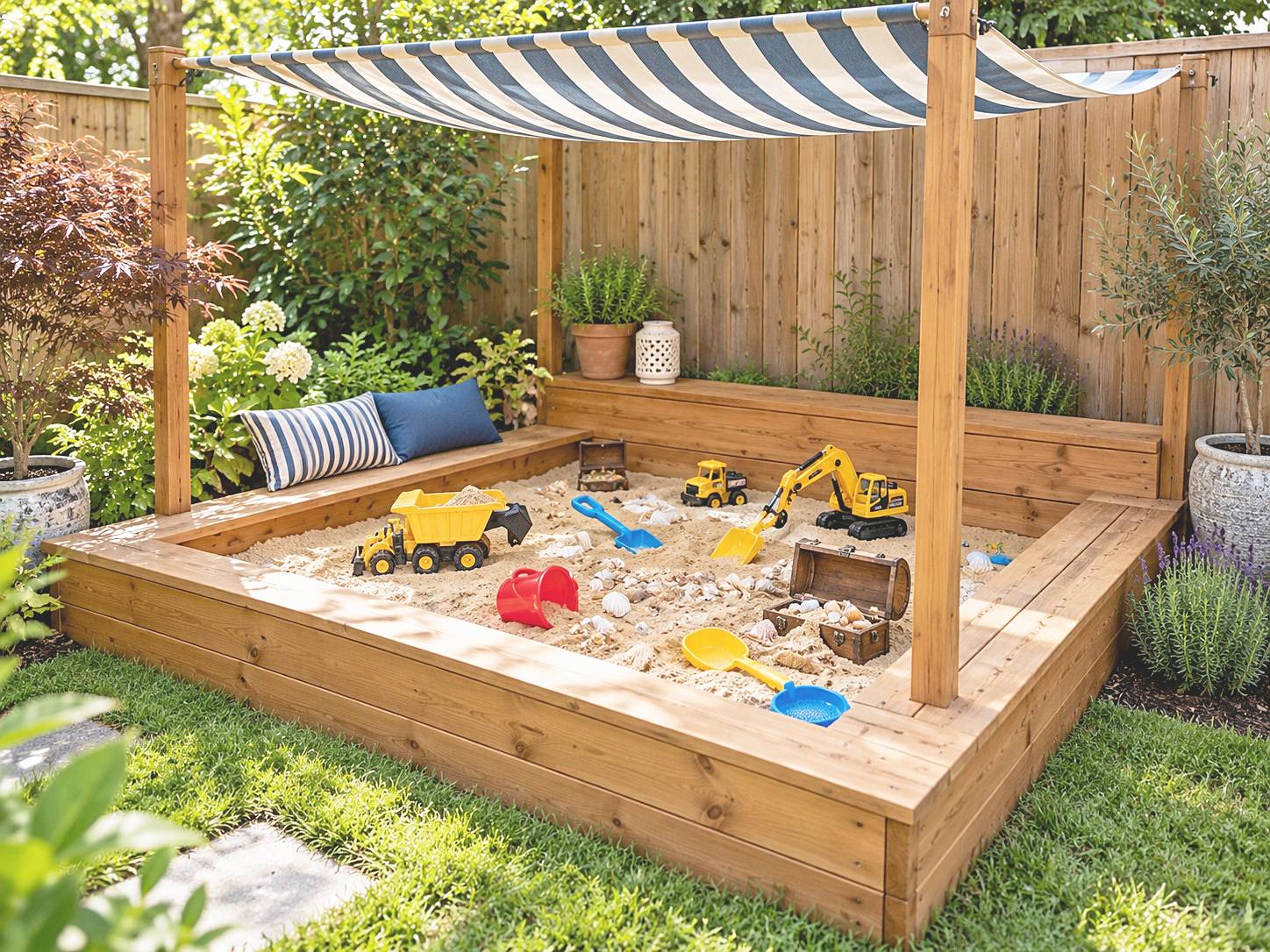 Timber sandbox with a striped shade canopy, bench edges, and toy construction vehicles