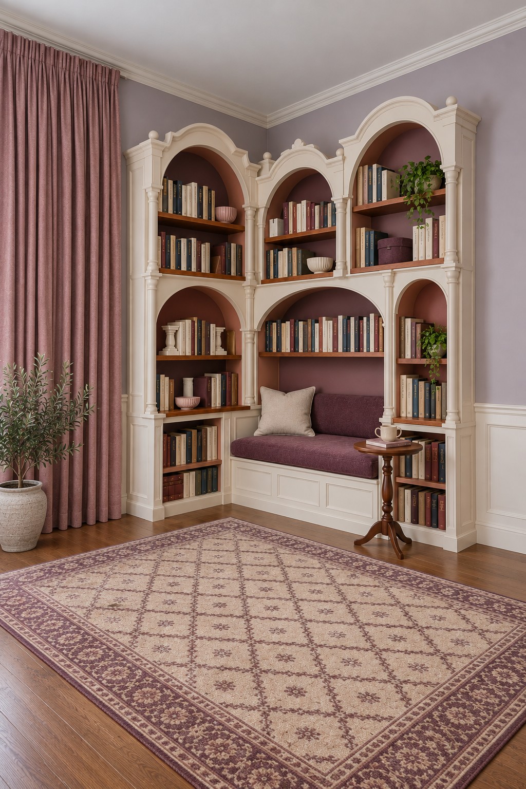 Cream arched bookcases surrounding a plum upholstered bench with rose curtains and a pale patterned rug