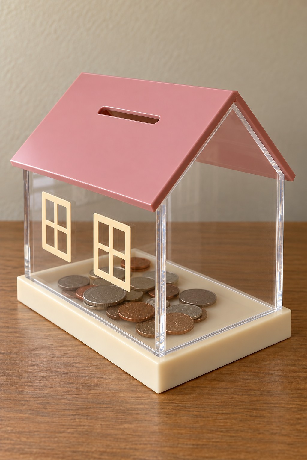 Clear acrylic house savings bank with a pink slotted roof and coins inside
