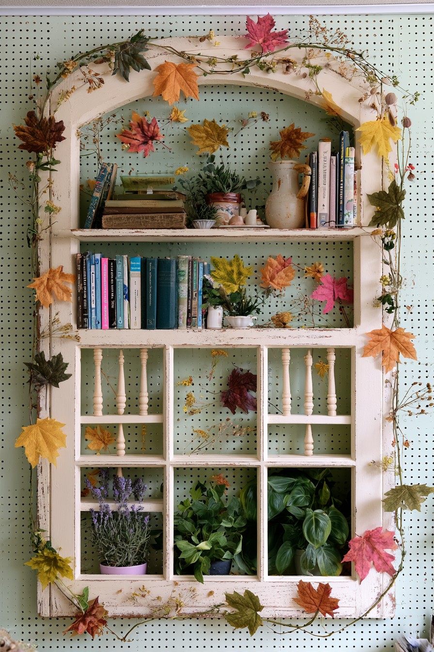 Arched vintage window shelf styled with autumn botanical details