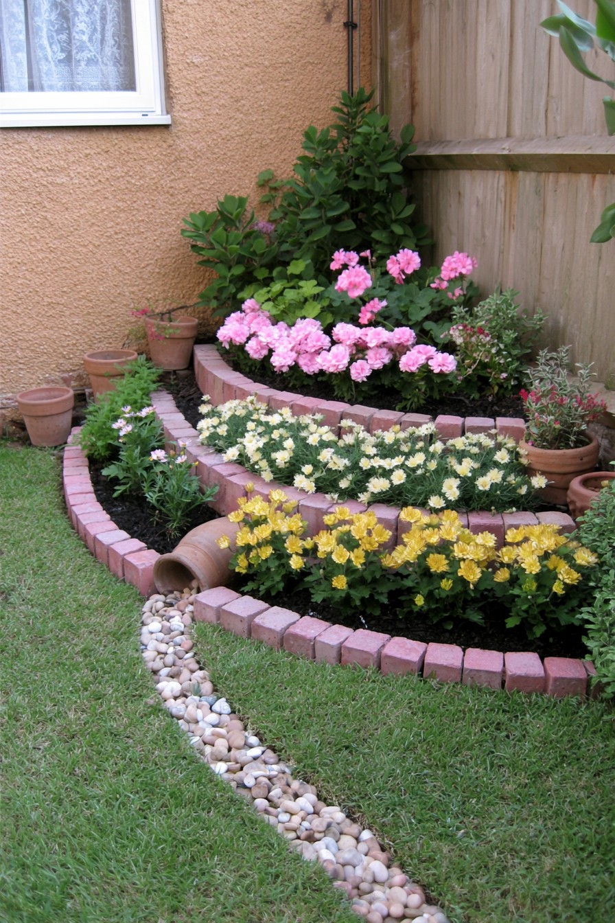 Curved brick flower terraces above a tipped clay pot and narrow decorative pebble channel