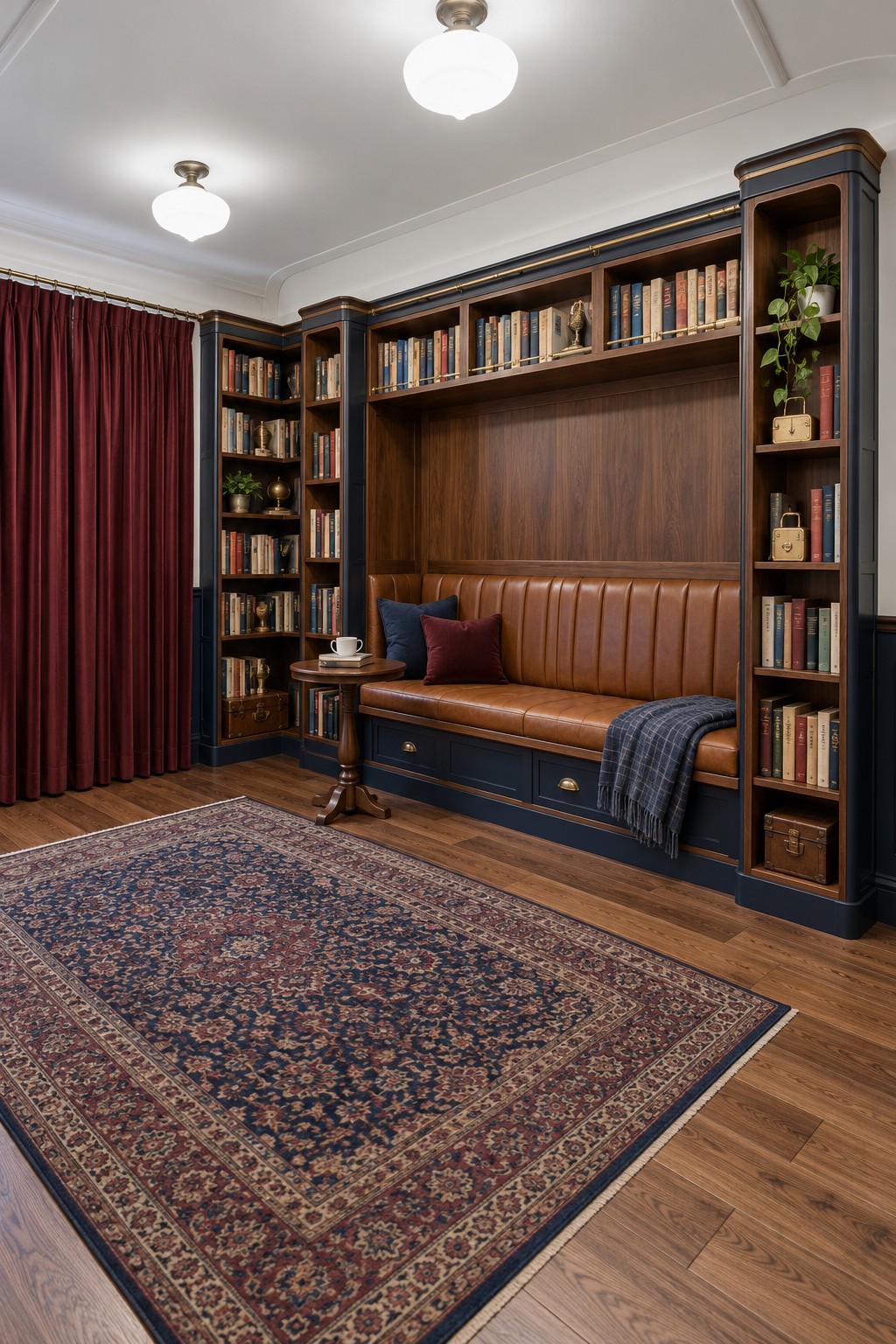 Navy and wood library alcove with a cognac channel upholstered bench, brass colored drawer pulls and burgundy curtains