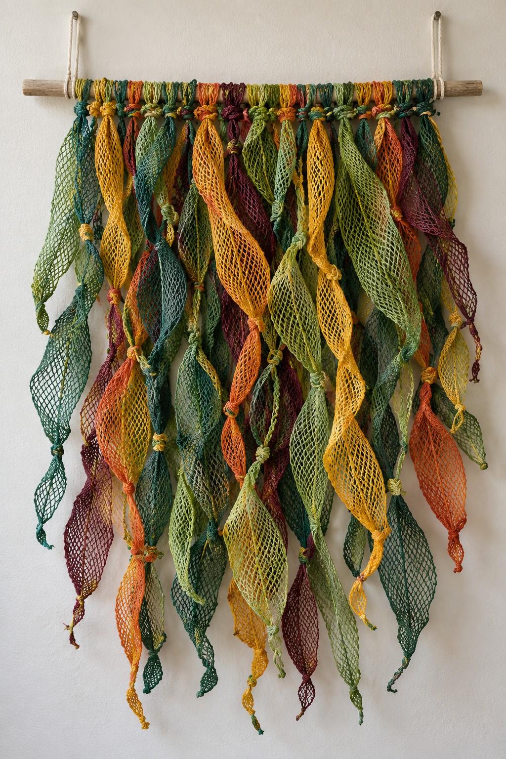 Green yellow and orange produce mesh gathered and knotted into a wall hanging on a wooden dowel