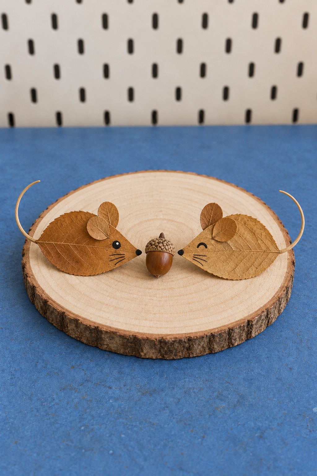 Two oval leaf mice with small ears and jute tails facing an acorn on a bark edged wood slice