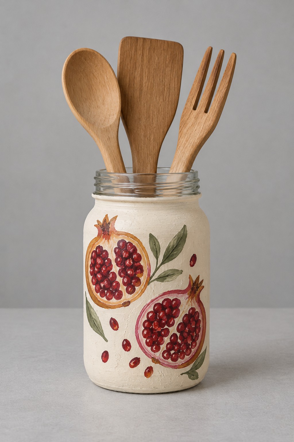 Cream jar painted with open red pomegranates green leaves and scattered seeds holding wooden utensils