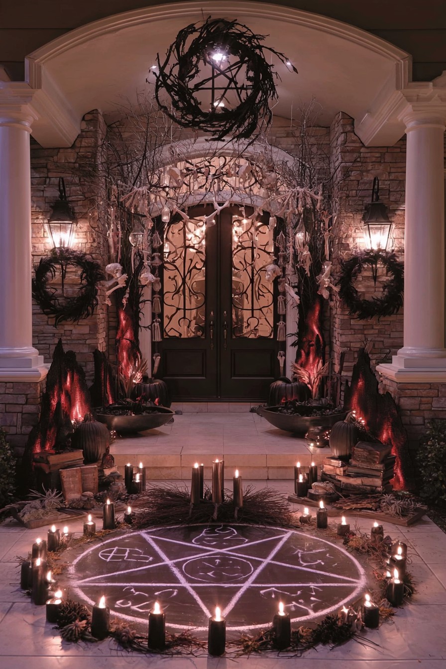 Dark branch wreaths, skeletal accents, pillar lights, and a circular star motif at an entrance
