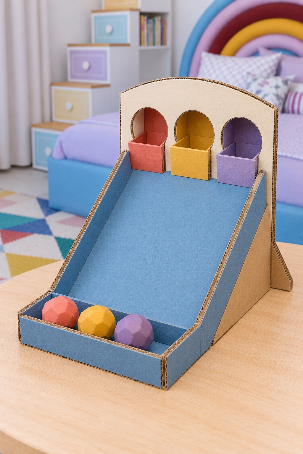 Blue sloping cardboard game board with red, yellow and purple catch pockets and matching paper balls