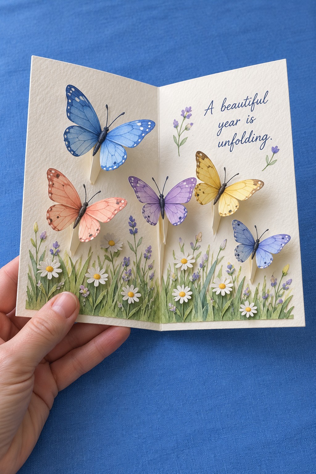 Open cream birthday card with colorful raised butterflies above a painted wildflower meadow