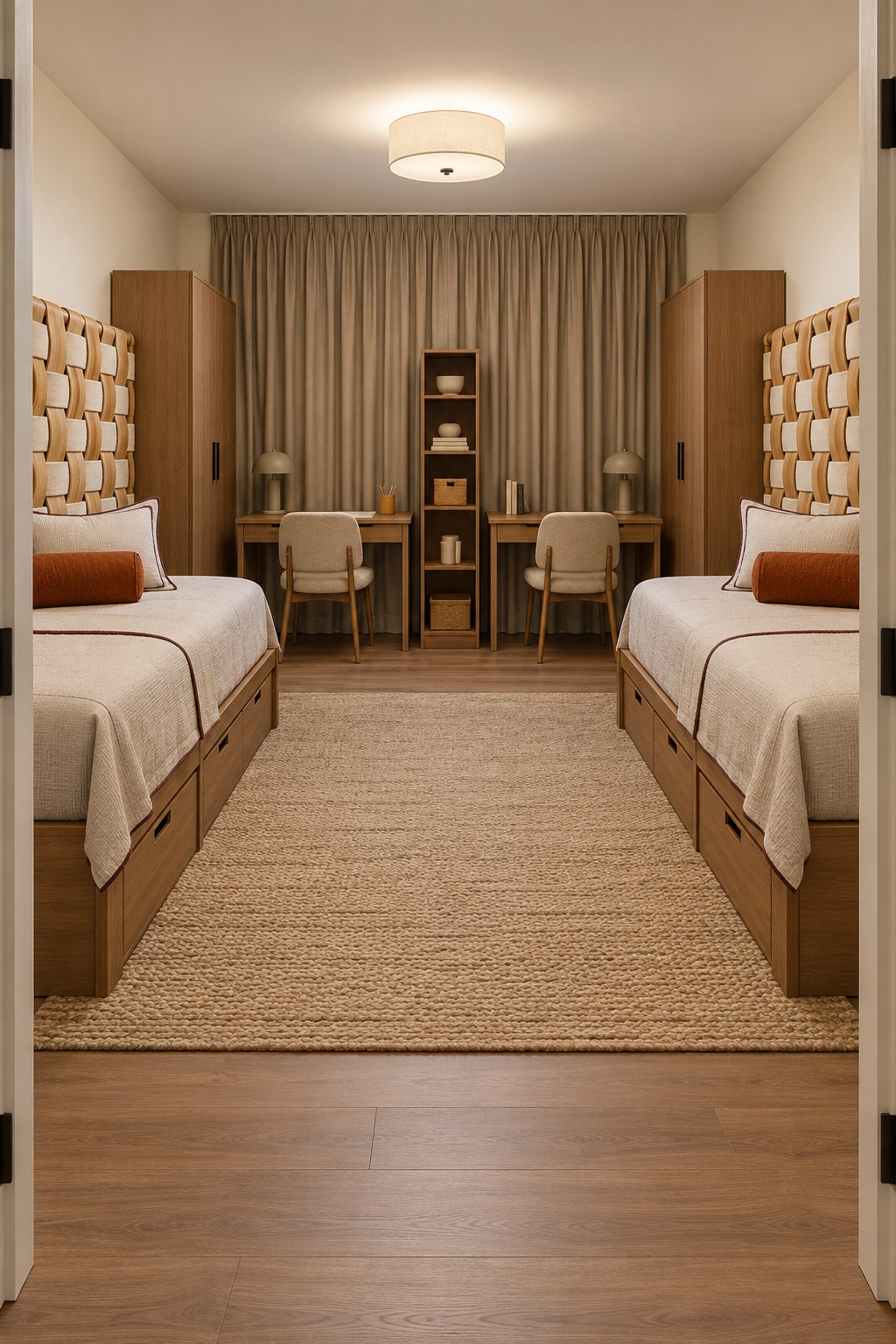 Two cream daybeds with broad woven headboard panels, rust cushions, wooden storage bases, and a natural toned rug