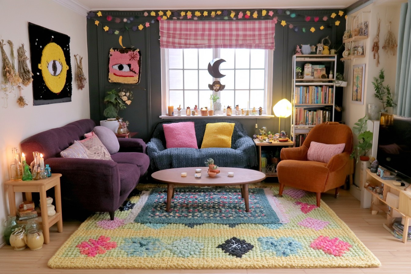 Plum sofa, blue loveseat, and rust chair around an oval table, with moon and eye motifs and colorful rugs