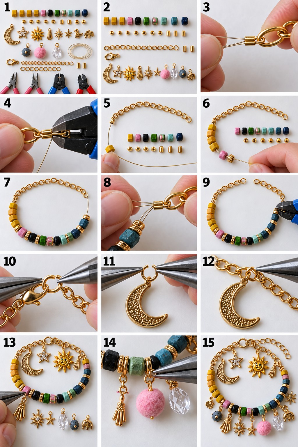 Charm bracelet making stages with a beaded wire section, chain links, crimps, clasp and separate charm attachments
