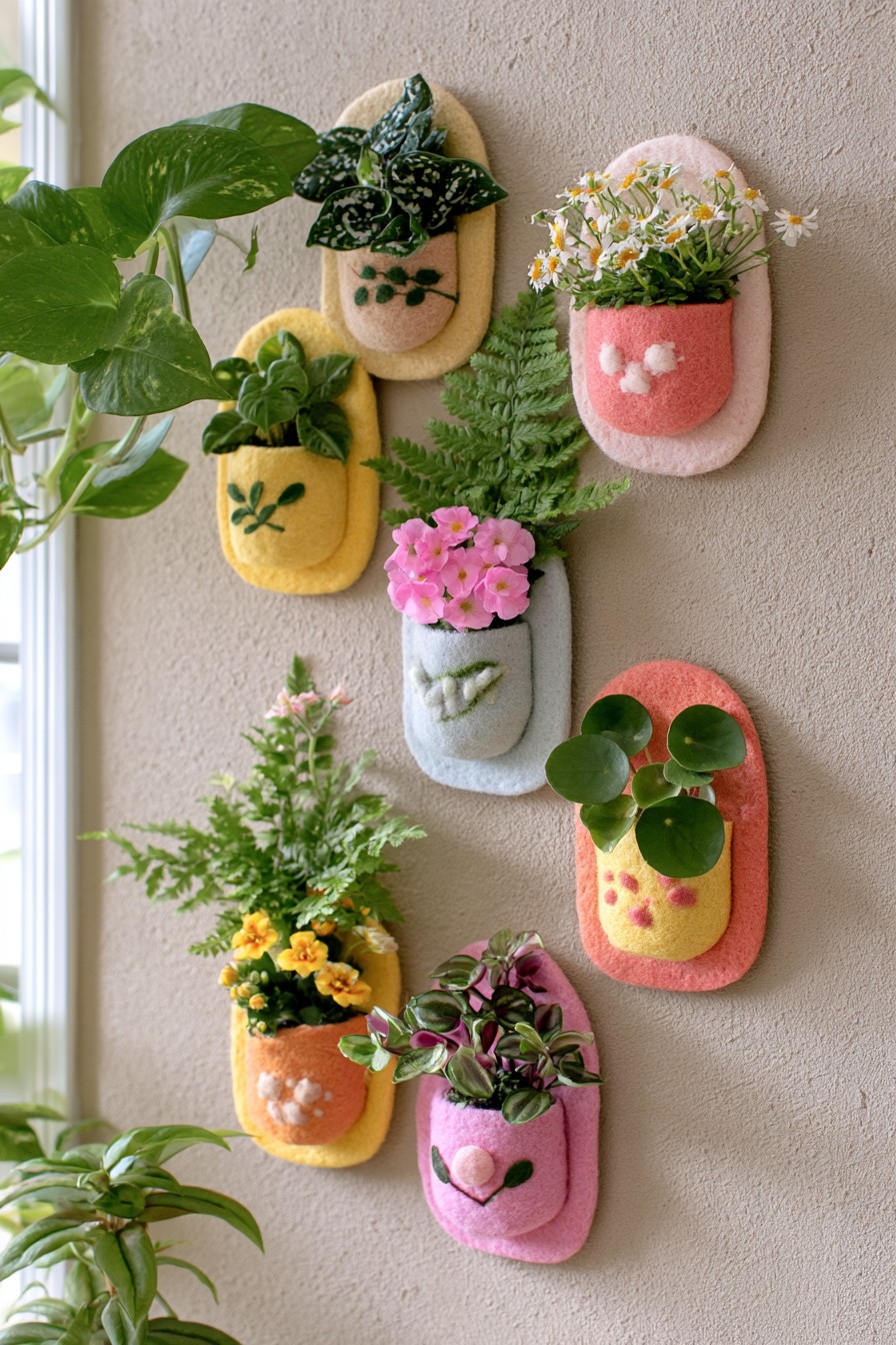 Individual rounded felt wall pockets in pink, yellow, cream, and blue with foliage, flowers, and stitched decorations