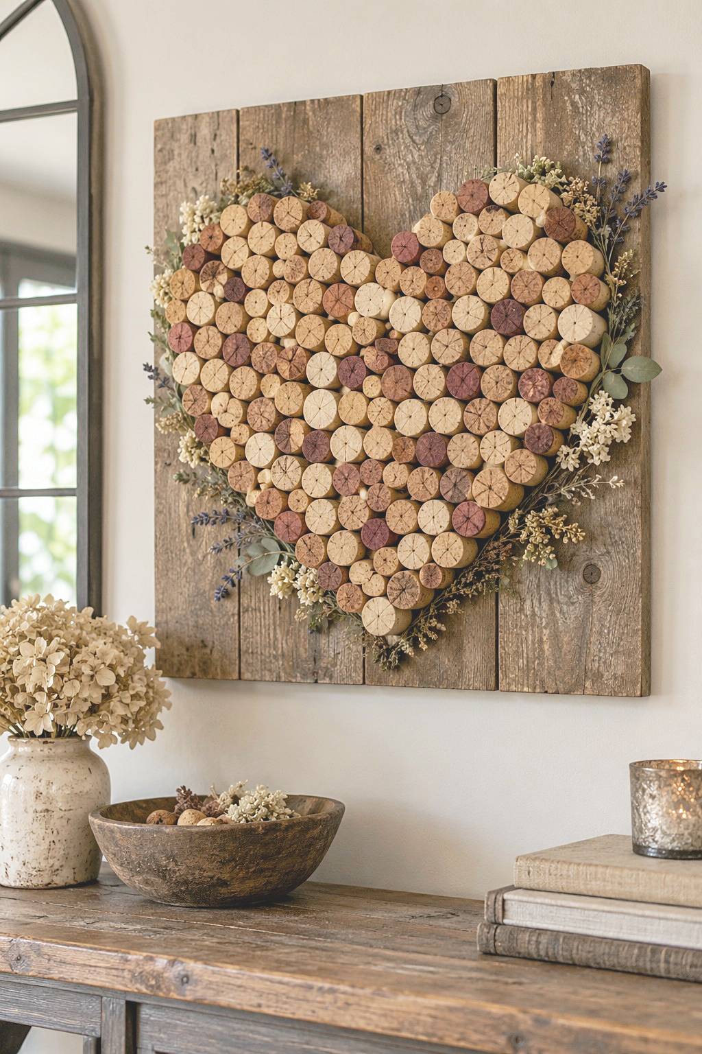 Heart shaped cork mosaic on a wooden panel with botanical accents