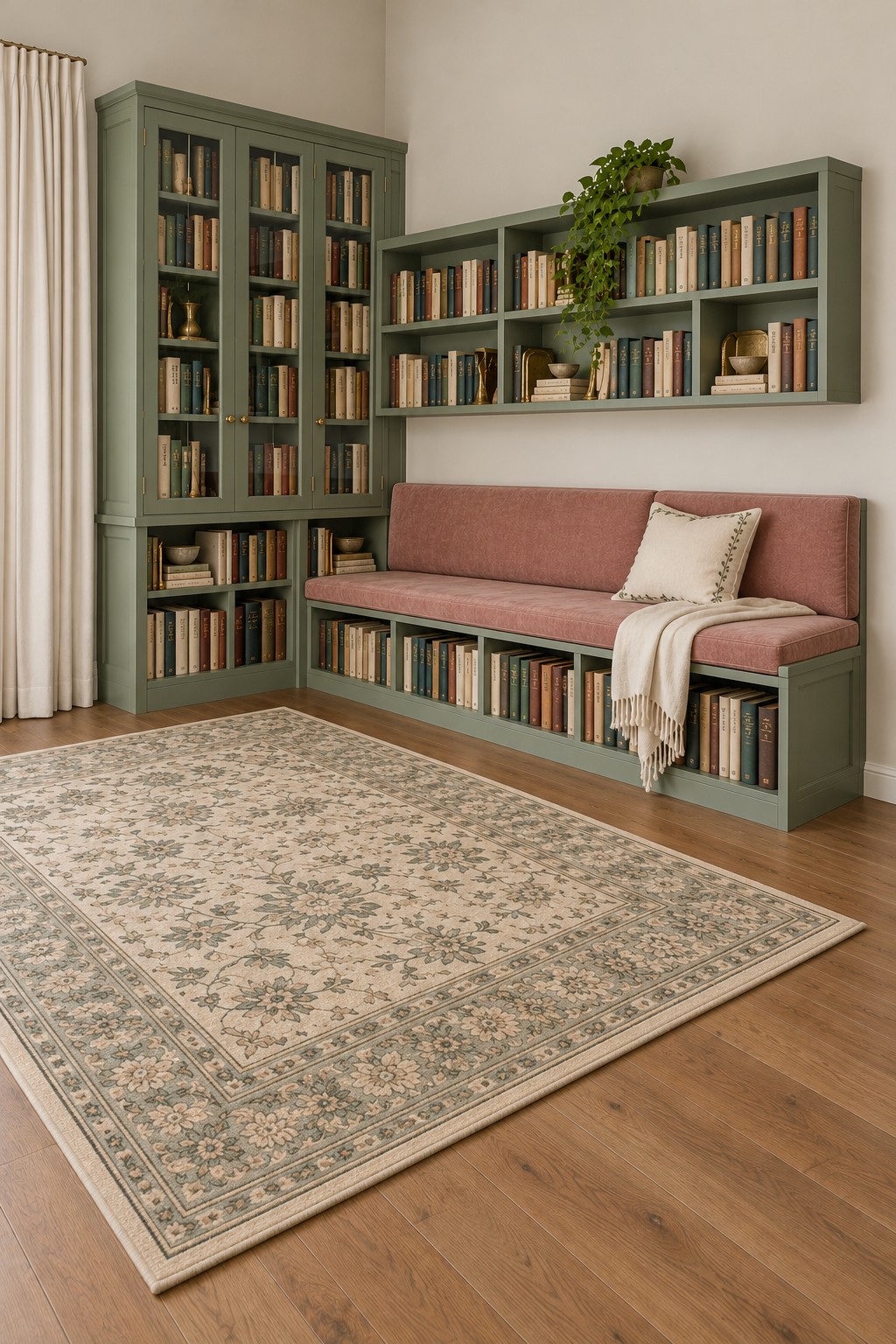 Sage green book storage with a tall glazed cabinet, pink cushioned bench, overhead shelving and a pale floral rug