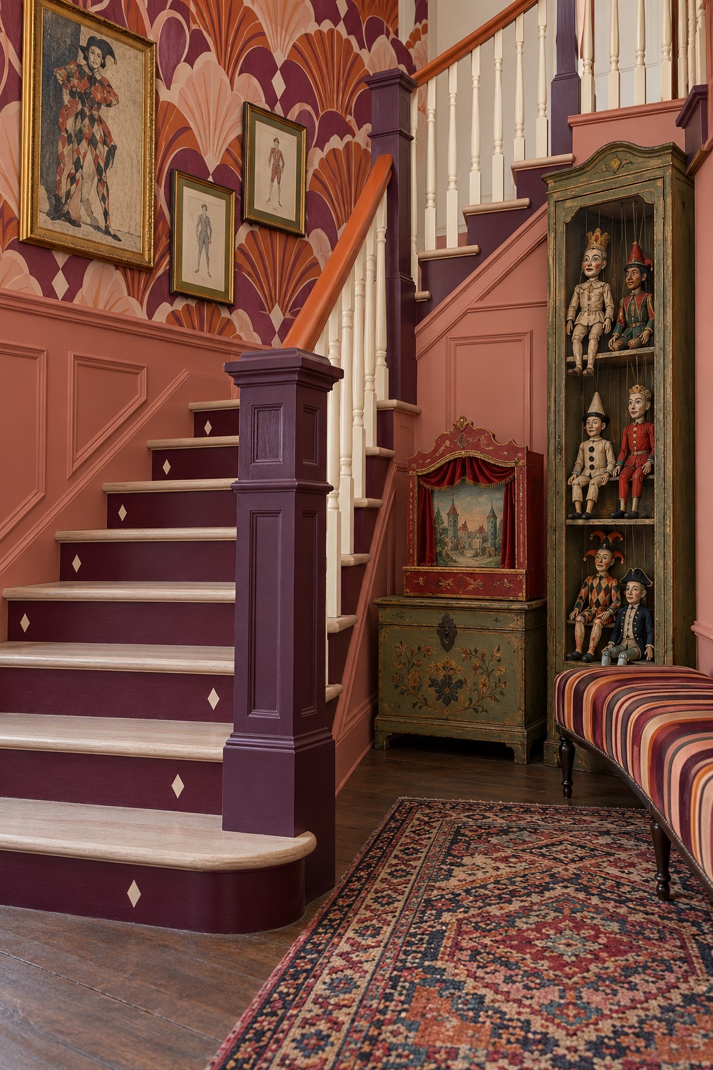 Plum stair risers with cream diamond motifs, coral paneling, a fan patterned wall, and a puppet display cabinet